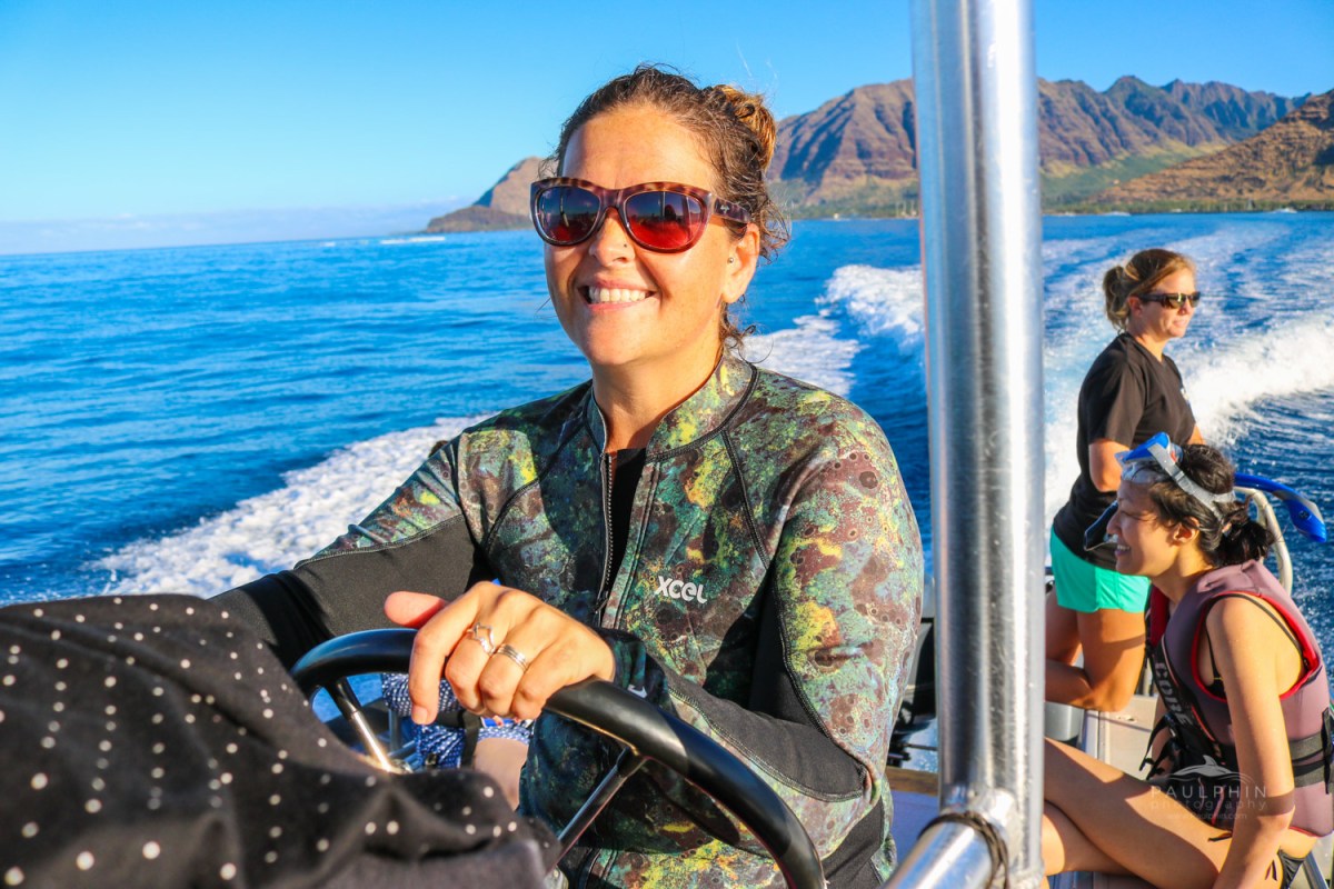 Tamar driving the boat