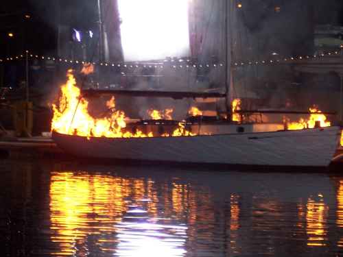 A vessel fire effect, run at night